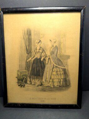 Antique Le Moniteur De La Mode 1851 Fashion Print  Black Wooden Frame 10" x 12"